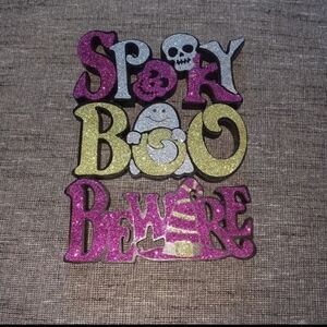 Halloween “Spooky” Boo and Beware glitter Sign (purple, silver, black)